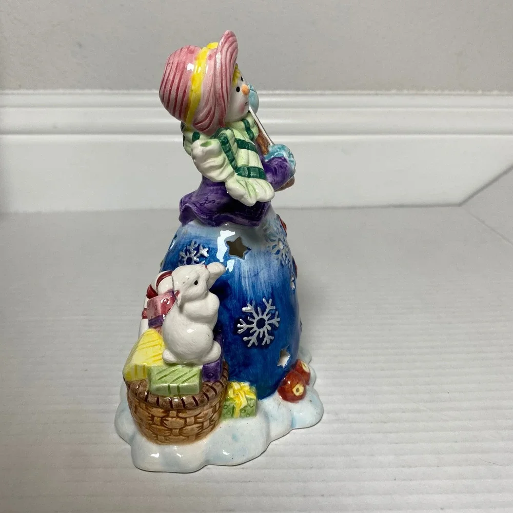 Ceramic Snowman Musician with‎ Tree and Bunny Christmas Decor Figurine